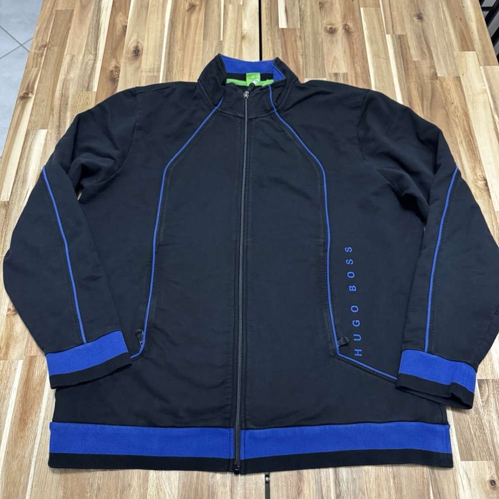 Hugo Boss Jacet Mens 2XL Black Blue Track Full Zip Cotton Athleisure Pockets
